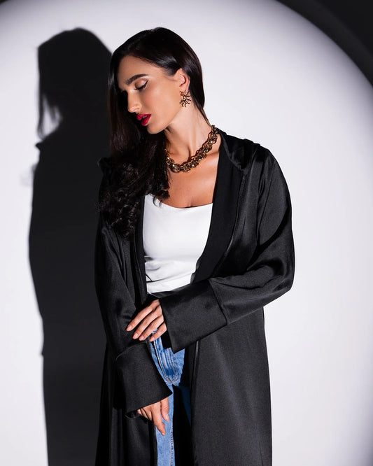 Satin Black Abaya Online – Elegant Barnous Style Abaya for Women