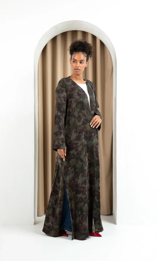 Elegant and Unique Abaya Dress With a Subtle Floral Pattern and Deep Hues
