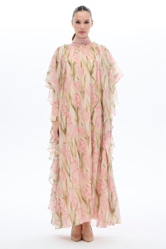 Floral Chiffon Cape Dress