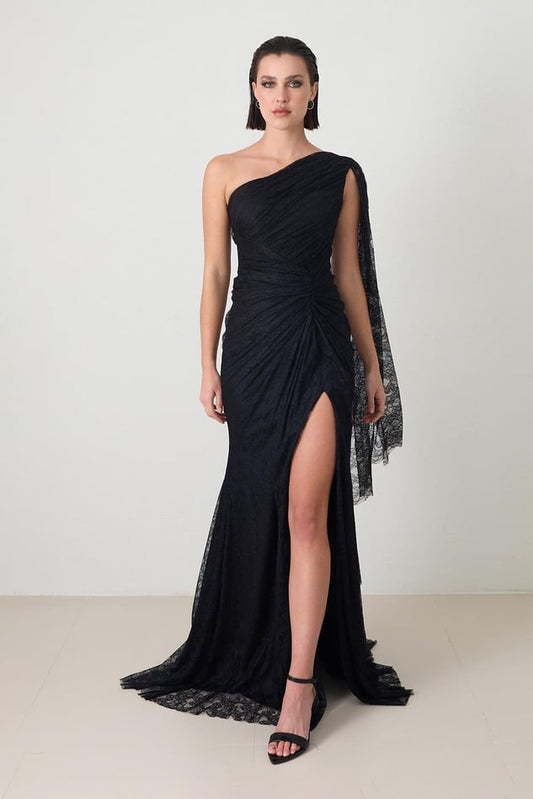 One Sleeve Lace and Drape Detailed Evening Dress