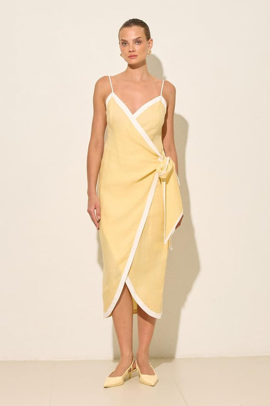 Linen Side Tie Ribbon Detailed Asymmetrical Collar Midi Length Dress