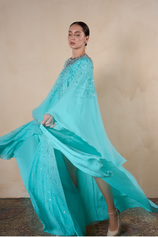 Aqua cape sleeve kaftan with crystal