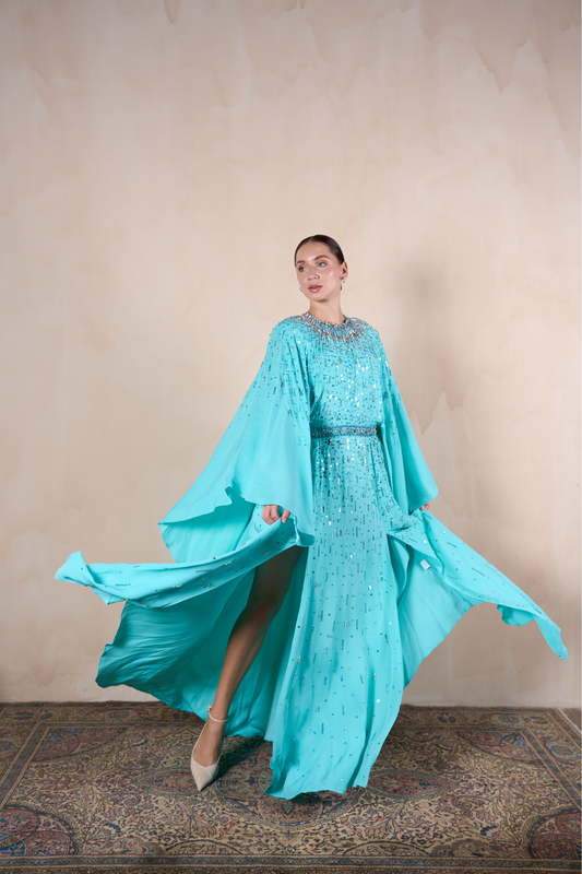 Aqua cape sleeve kaftan with crystal