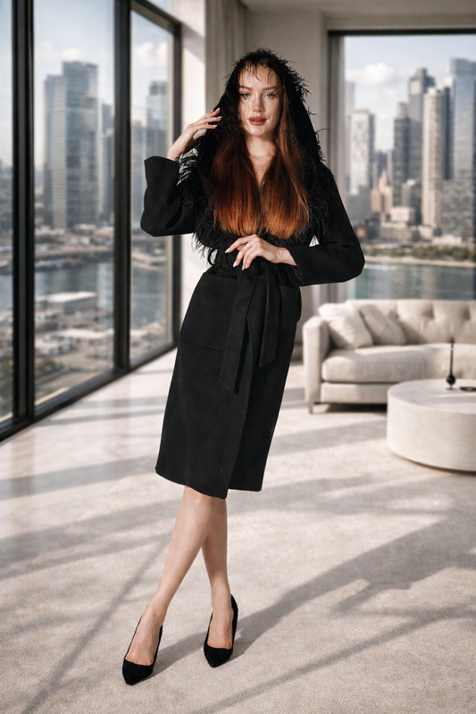 Black Coat with Feather Hoody