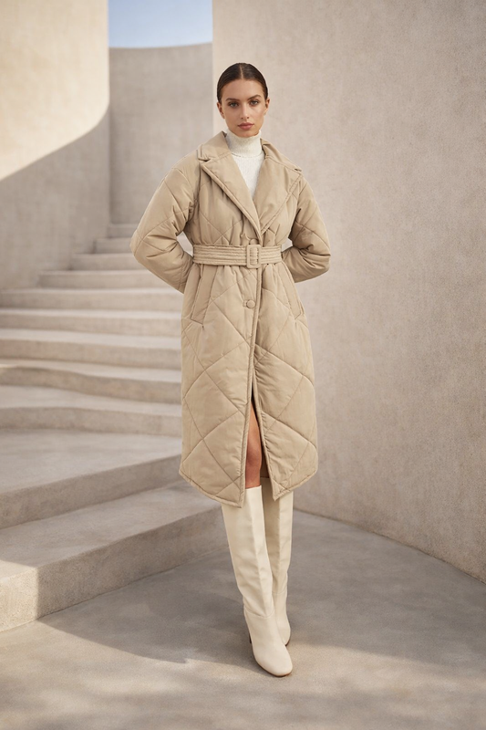 Belt Button and Pocket Detailed Puffer Coat