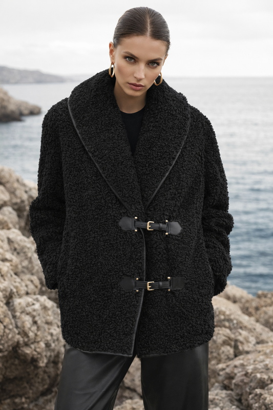 Black Soft Textured Button Detailed Jacket