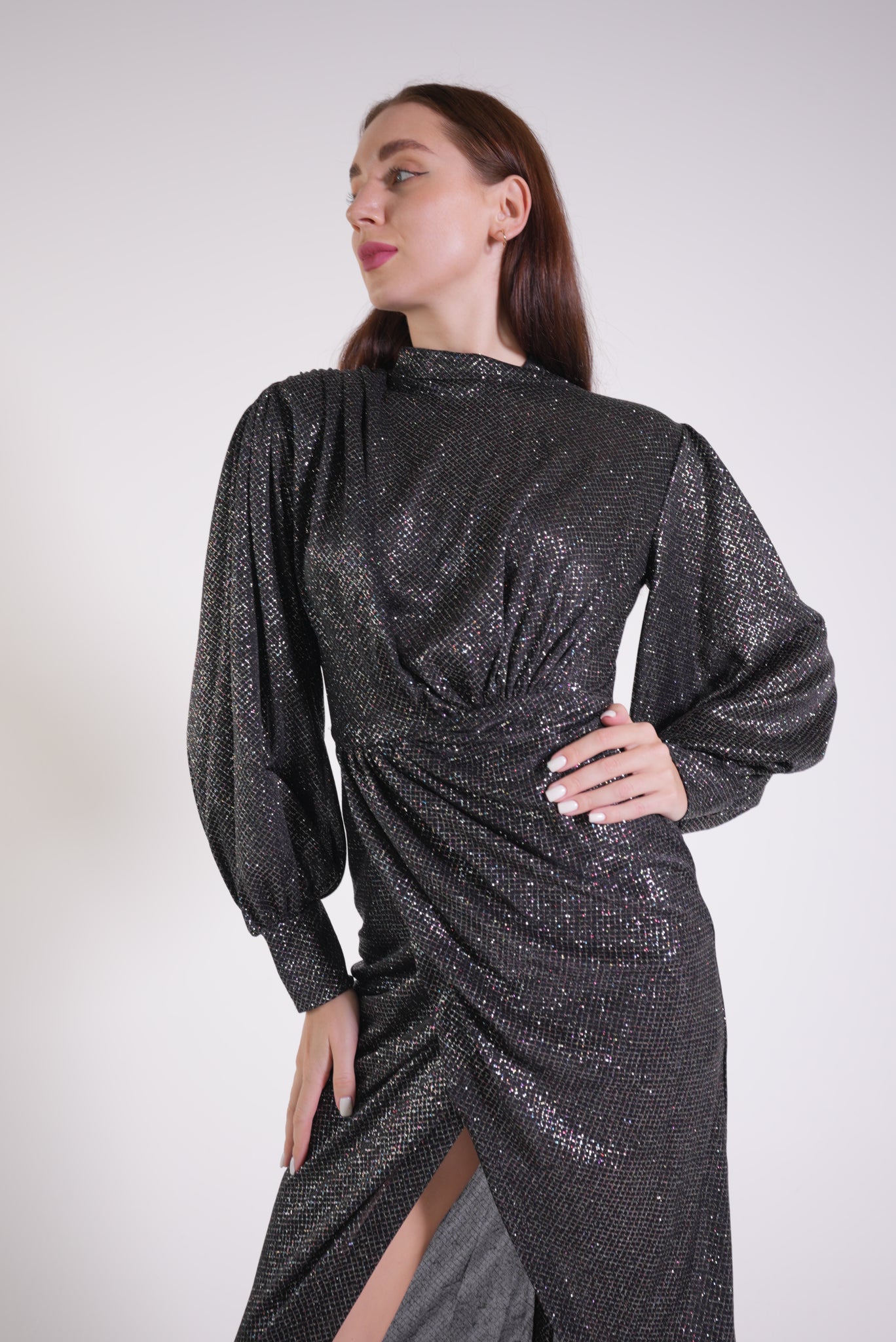 Black Glitter Detailed Draped Dress