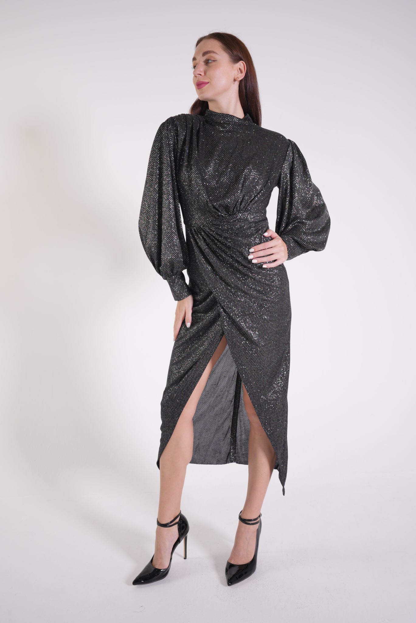 Black Glitter Detailed Draped Dress