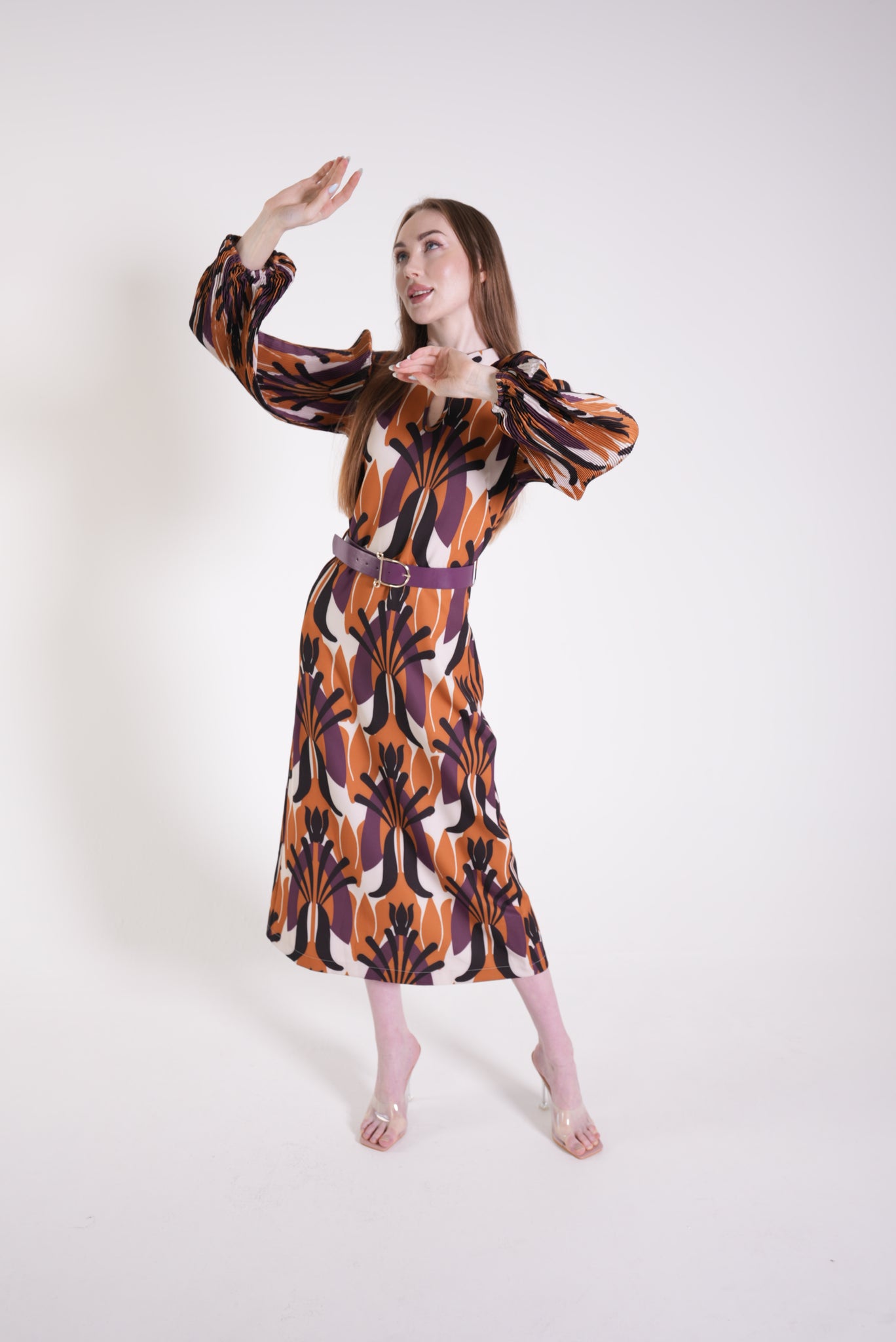 Plum Window Detailed Belted Dress