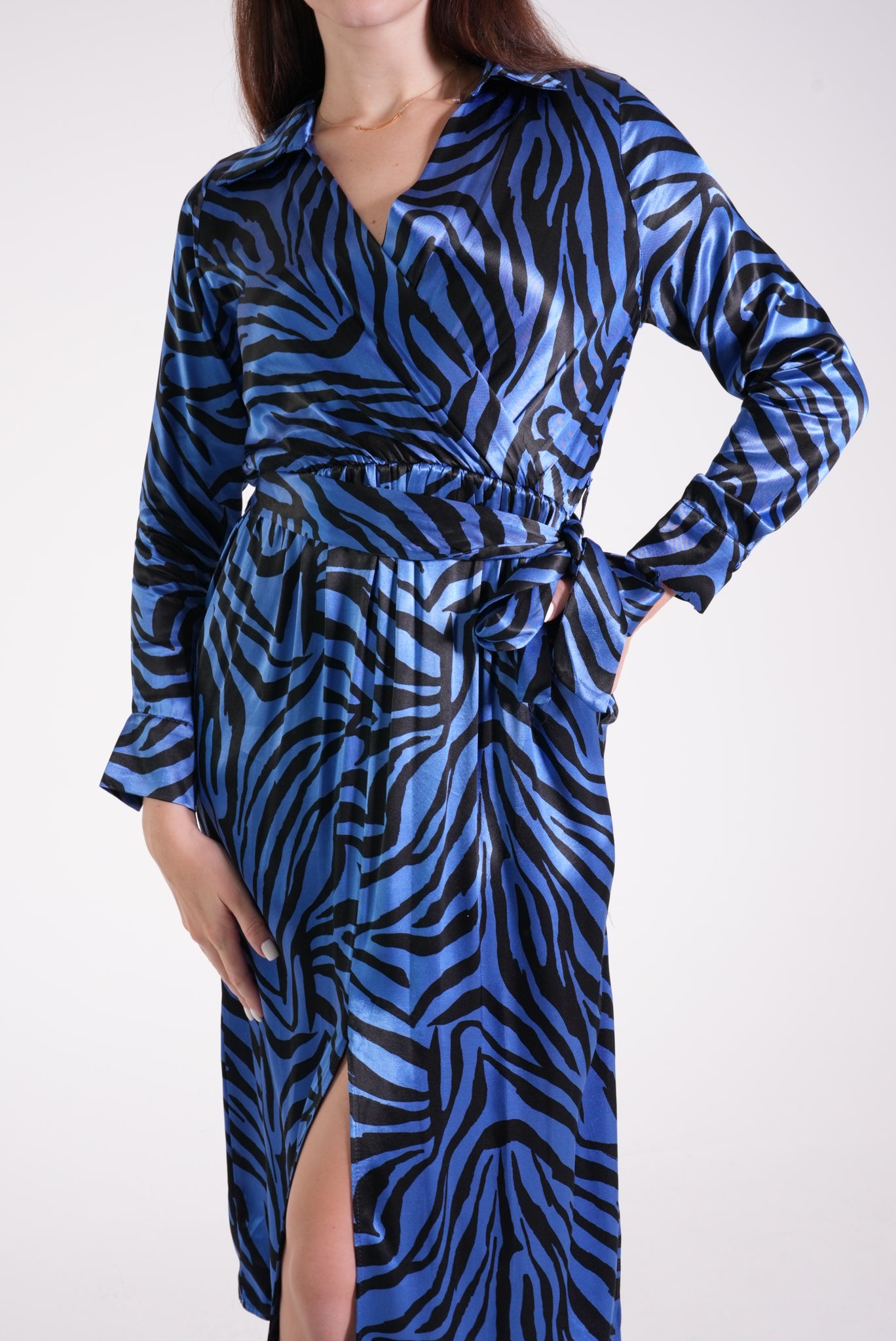 Saks Satin Slit Detailed Zebra Pattern Dress