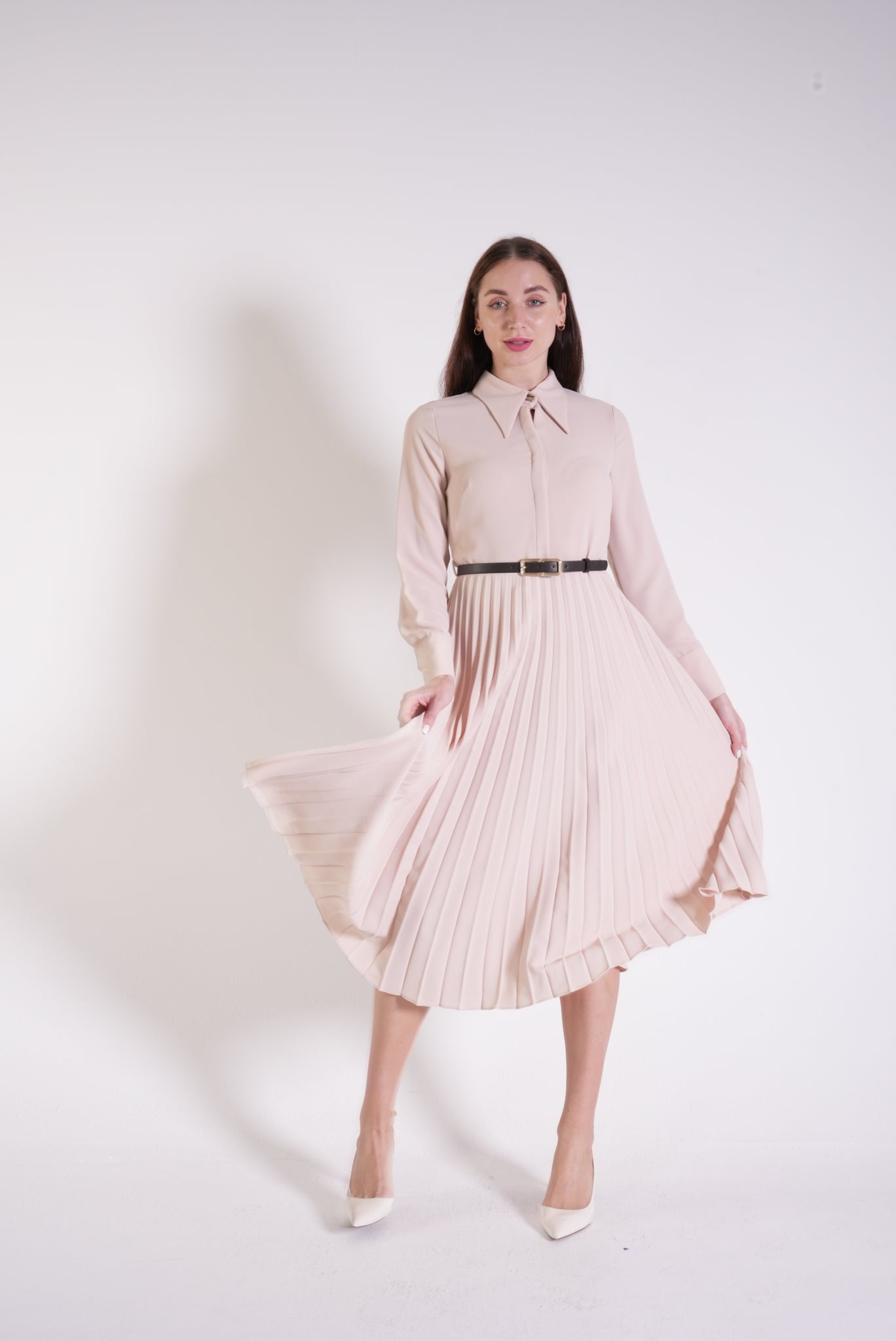 Coral Shirt Collar Pleated Dress