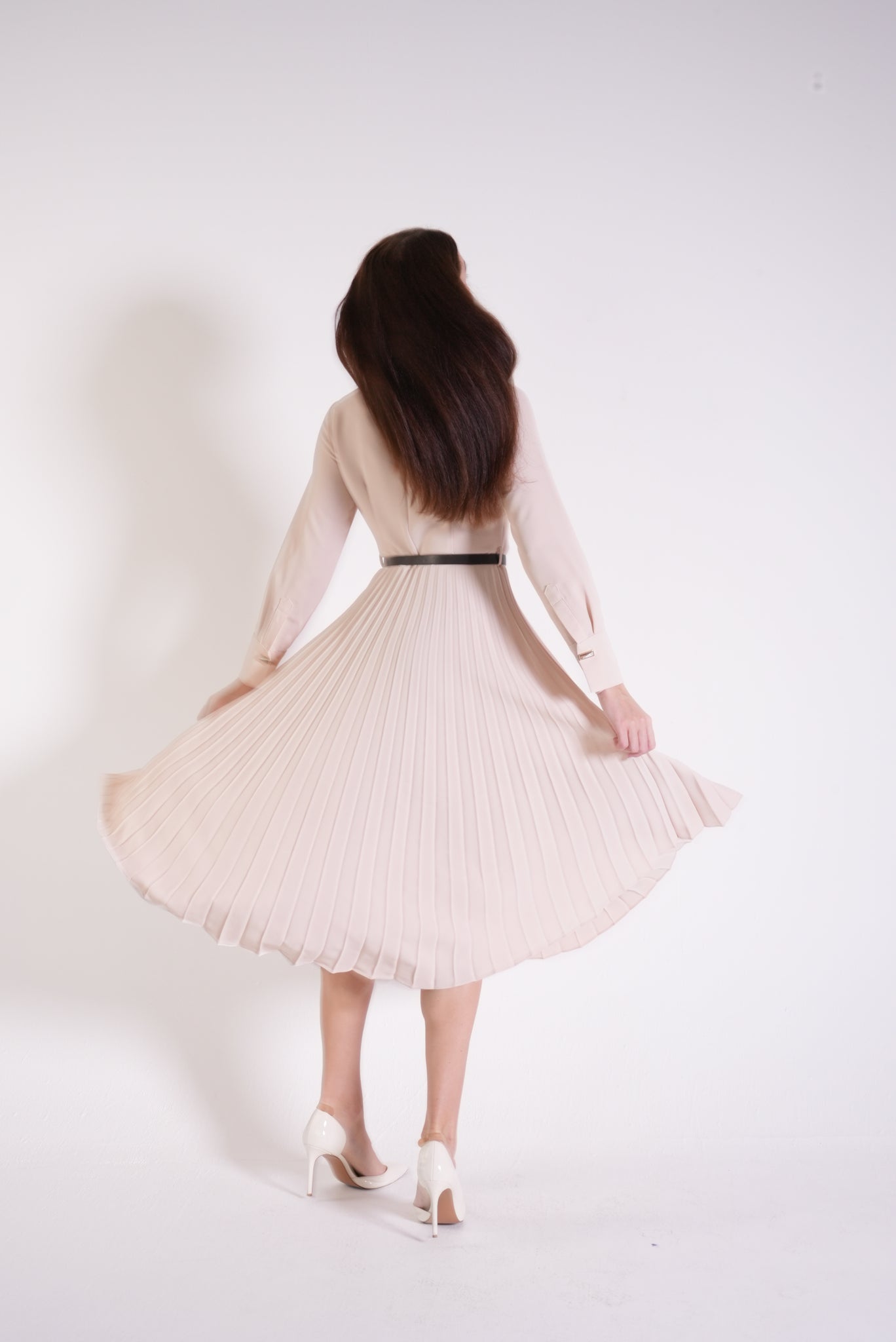 Coral Shirt Collar Pleated Dress