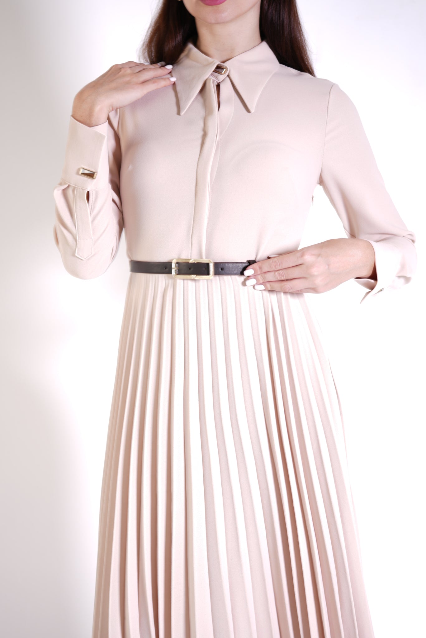 Coral Shirt Collar Pleated Dress