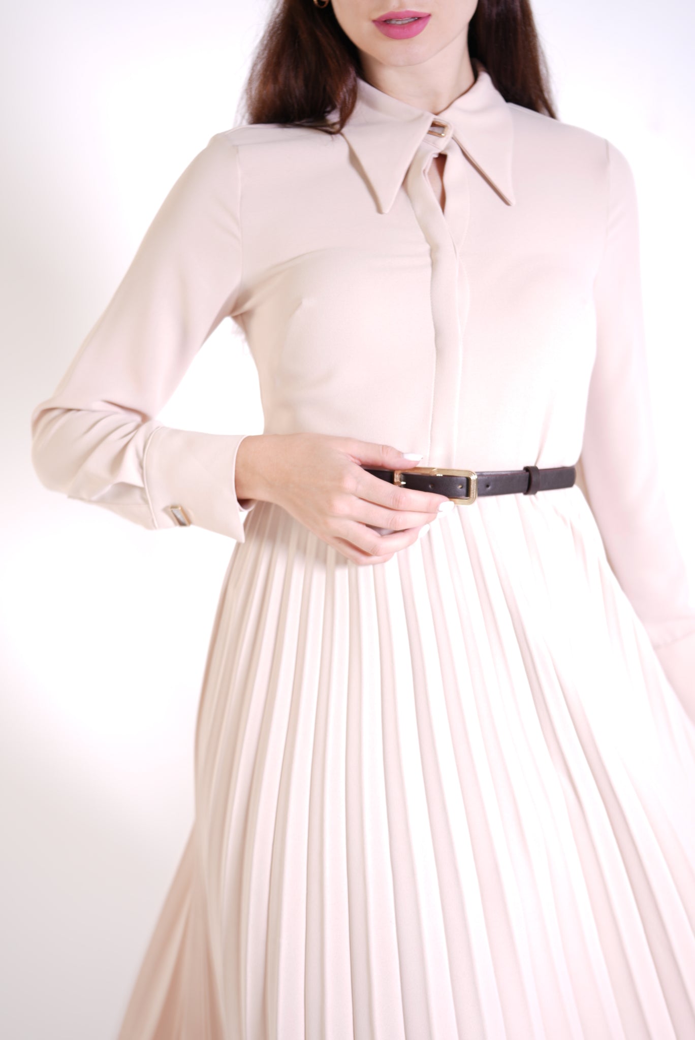 Coral Shirt Collar Pleated Dress