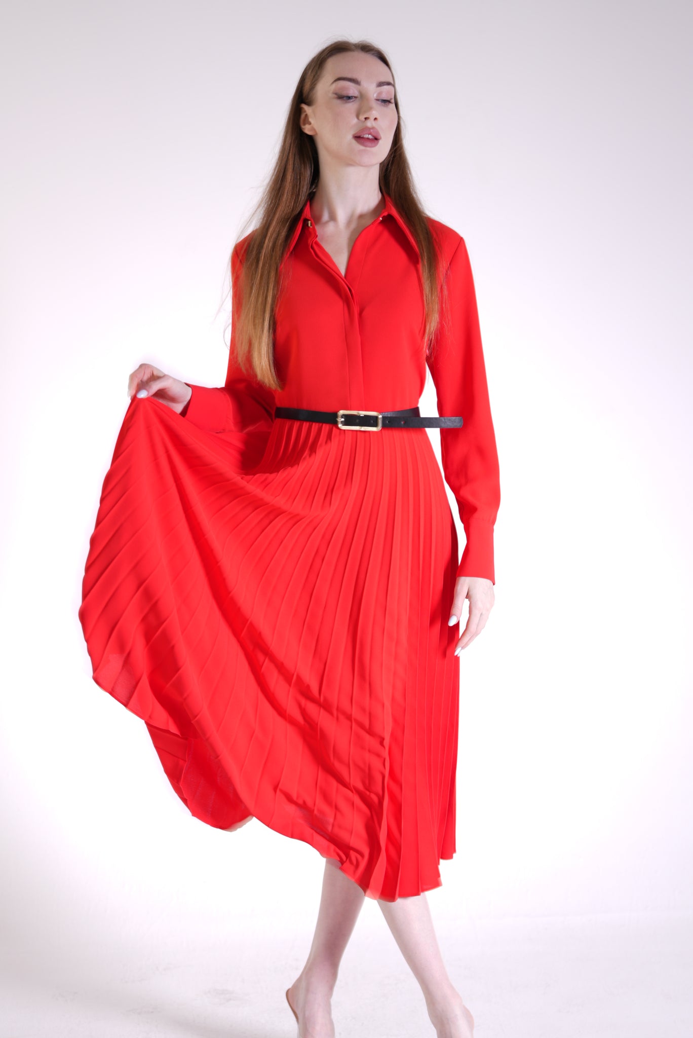 Coral Shirt Collar Pleated Dress