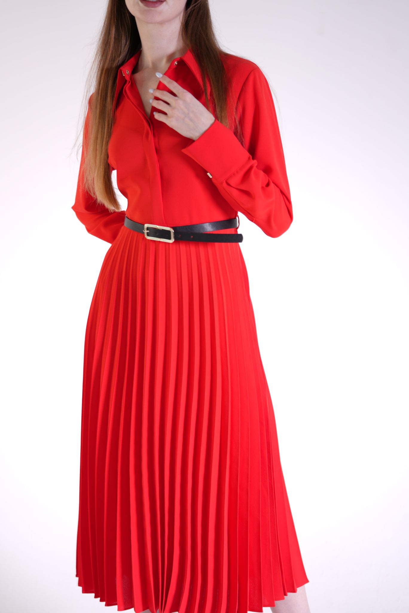 Coral Shirt Collar Pleated Dress