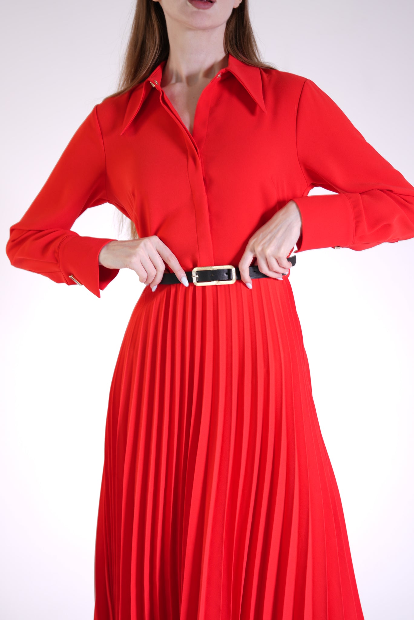 Coral Shirt Collar Pleated Dress