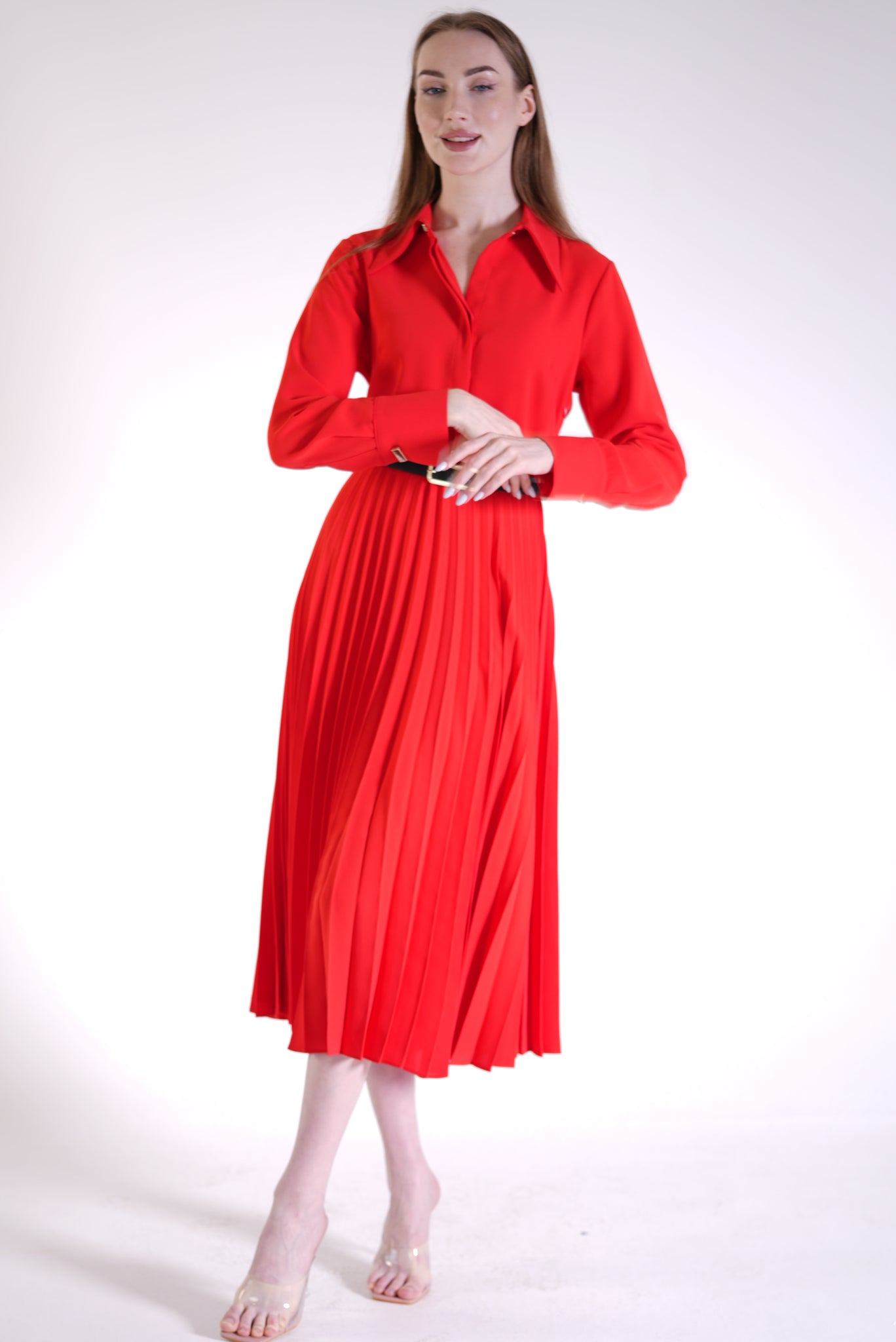 Coral Shirt Collar Pleated Dress