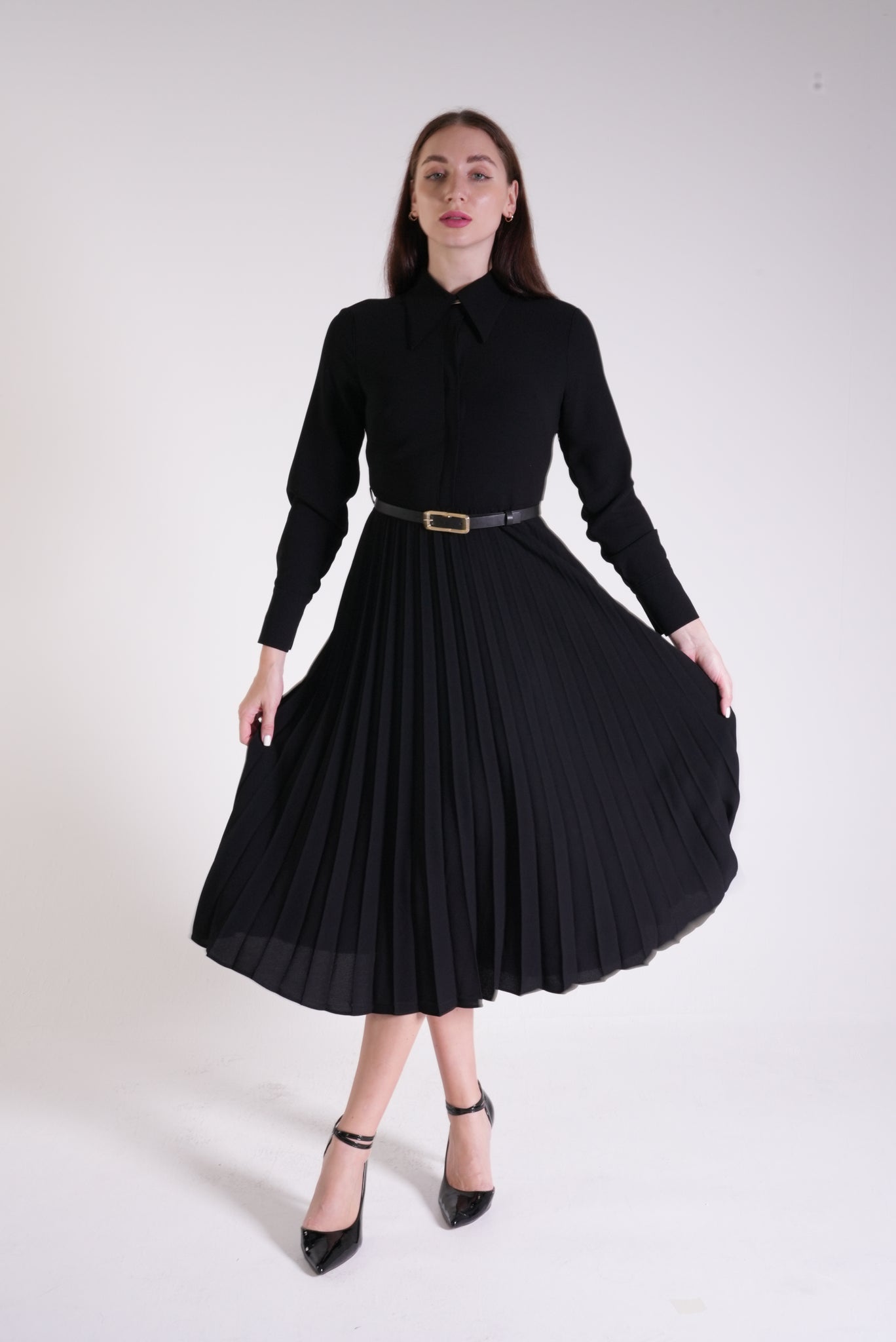 Coral Shirt Collar Pleated Dress