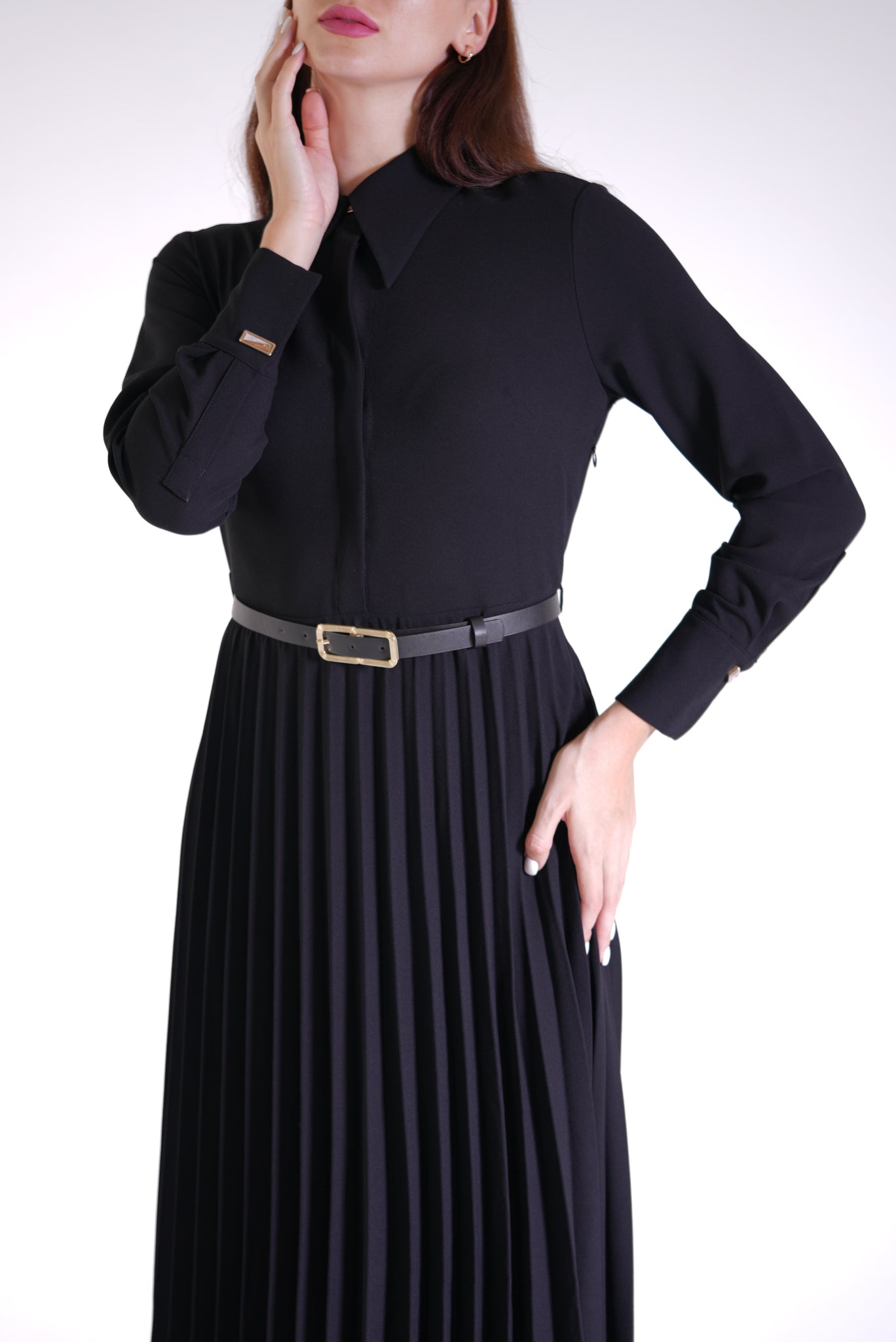 Coral Shirt Collar Pleated Dress