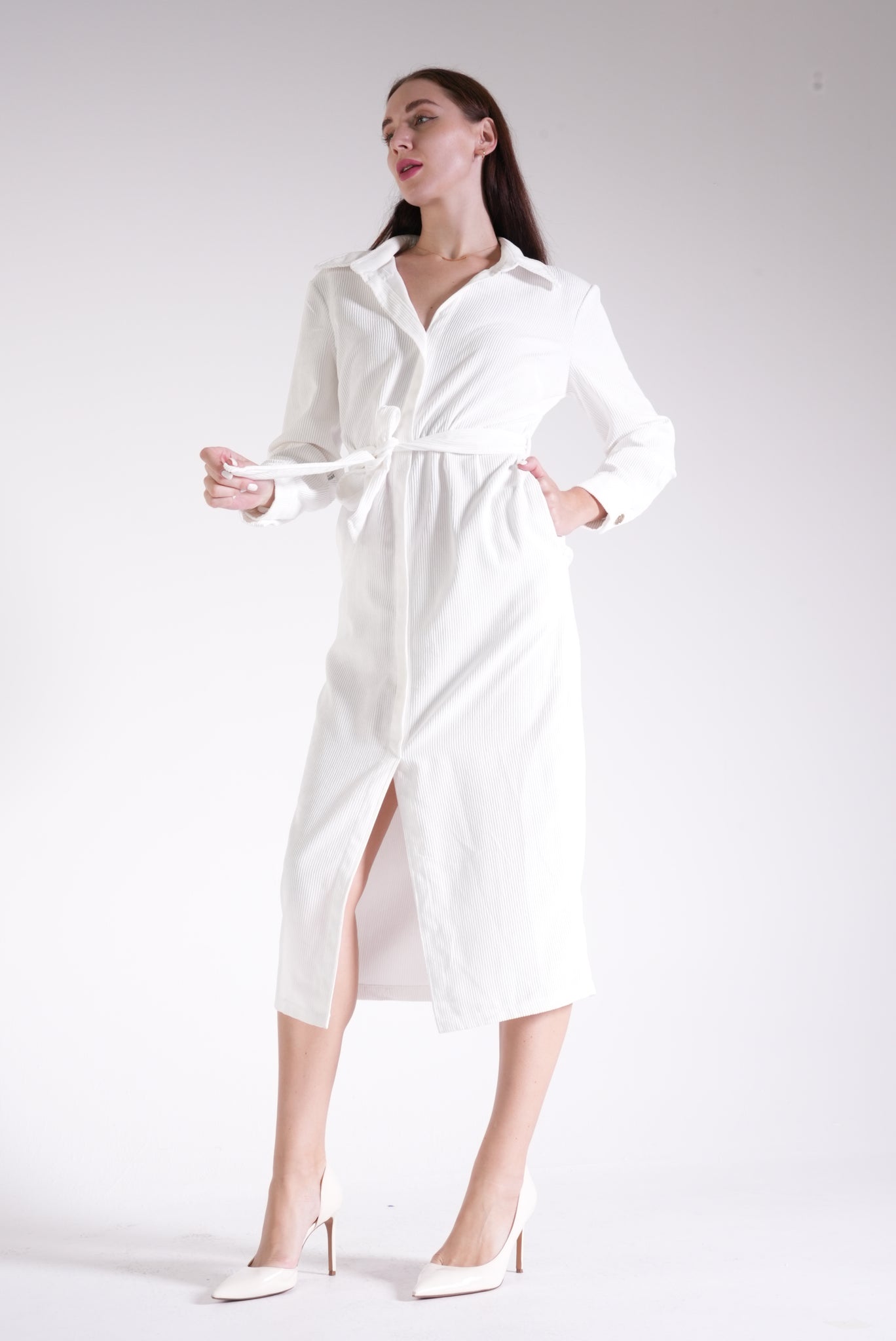 Ecru Belt Detailed Slit Dress