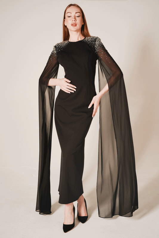 Crystal Beaded-Cape Sleeve Evening Dress