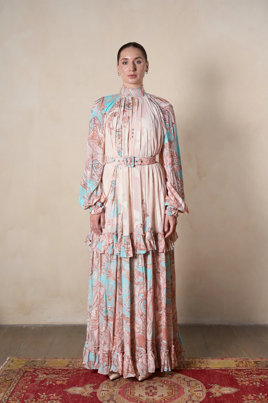 High Neck Belted Tiered Ruffle Paisley Maxi Dress