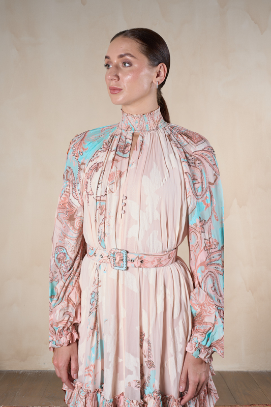 High Neck Belted Tiered Ruffle Paisley Maxi Dress