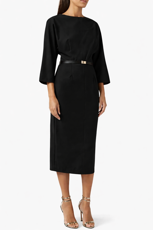 Plain Long Sleeve with Belt Dress
