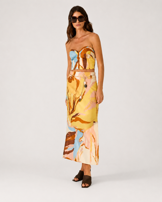 Staple Collar Blouse with Waist Rope Detail and Full Patterned Skirt Suit