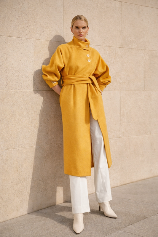 Women's Coat with Yellow Belt and Buttons on the Collar