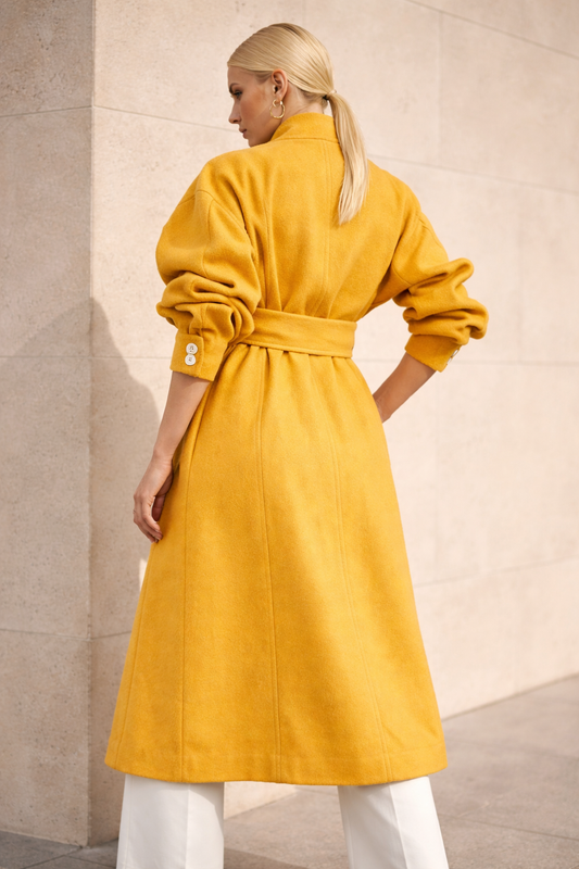 Women's Coat with Yellow Belt and Buttons on the Collar