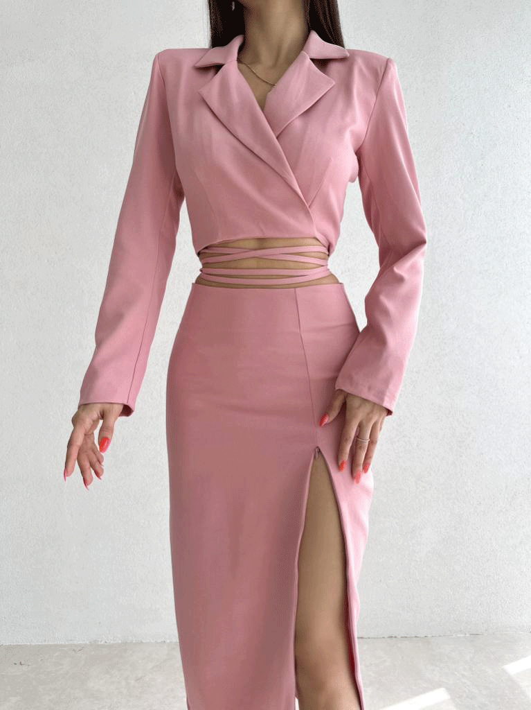 Waist Tie Jacket with Slit Skirt Set For Women