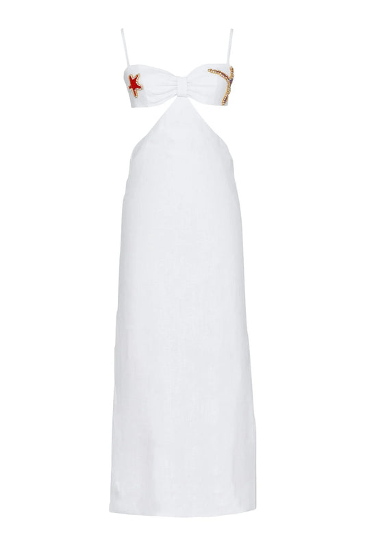 Linen Cut Out Back Style with Starfish Embroidery Dress