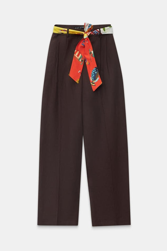 Printed Long Sleeve Shirt and Linen Waist Colorful Belt Detailed Relaxed Cut Trousers