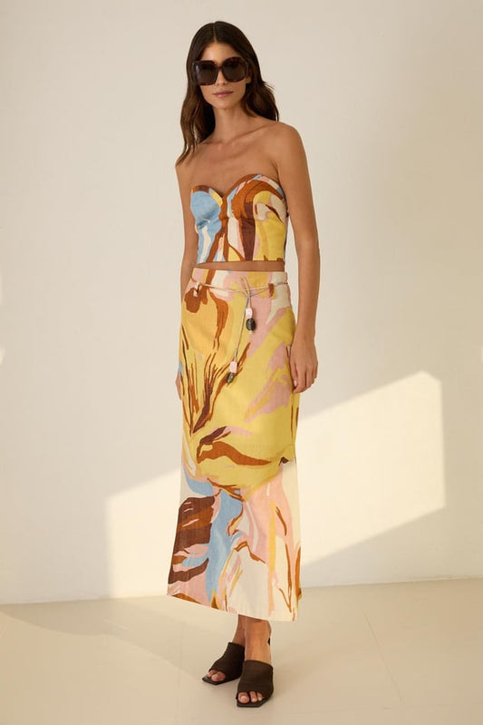 Staple Collar Blouse with Waist Rope Detail and Full Patterned Skirt Suit