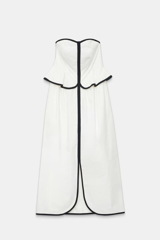 Strapless Waisted Stripe Detailed Midi Length Dress