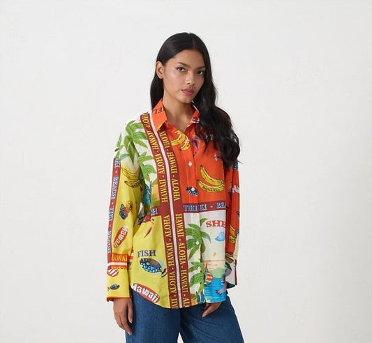 Printed Long Sleeve Shirt and Linen Waist Colorful Belt Detailed Relaxed Cut Trousers