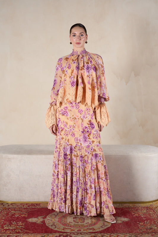 Peach Purple Flower Lace Long  skirt and shirt