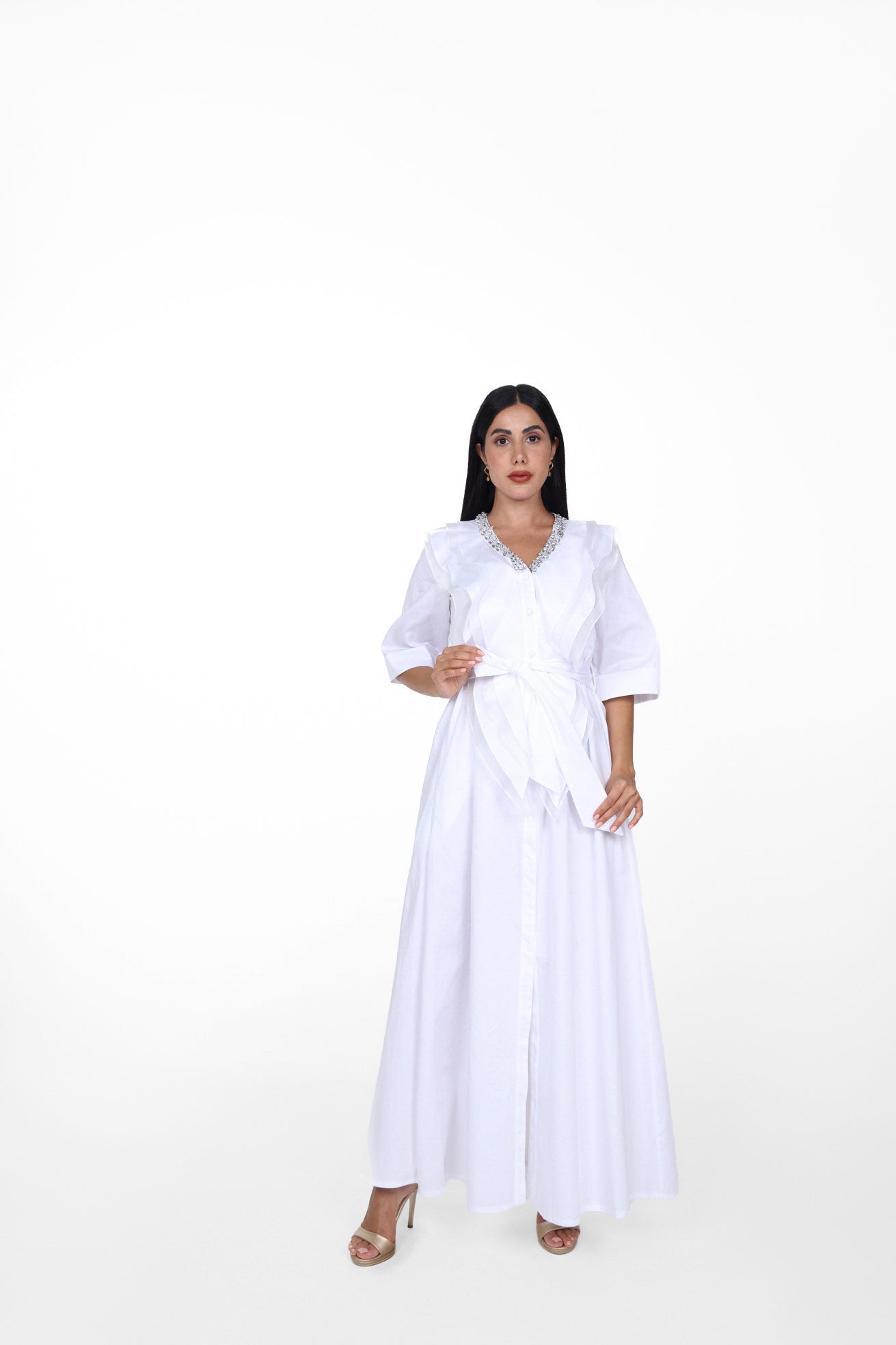 Kaftan with  Pearl V-Neck Embroidery