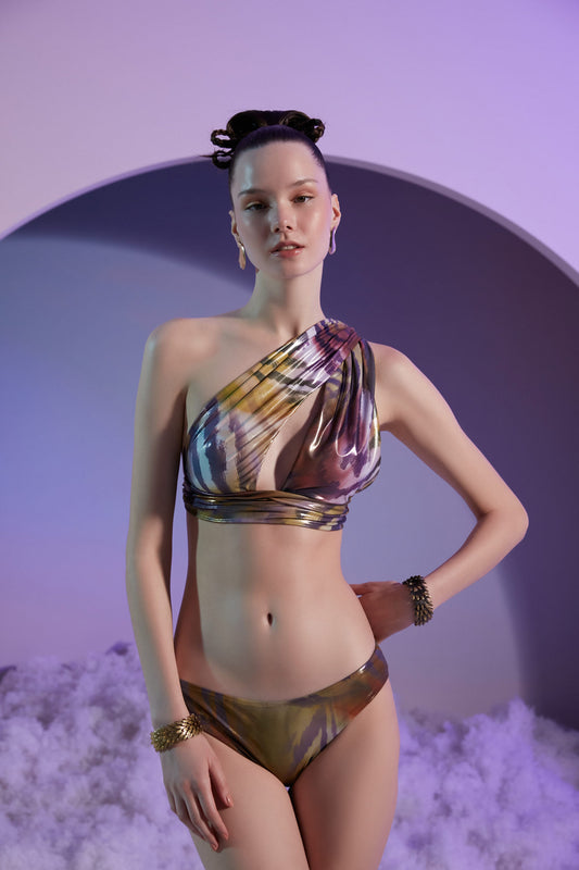 Shiny Fabric Colorful Pattern One Shoulder Bikini